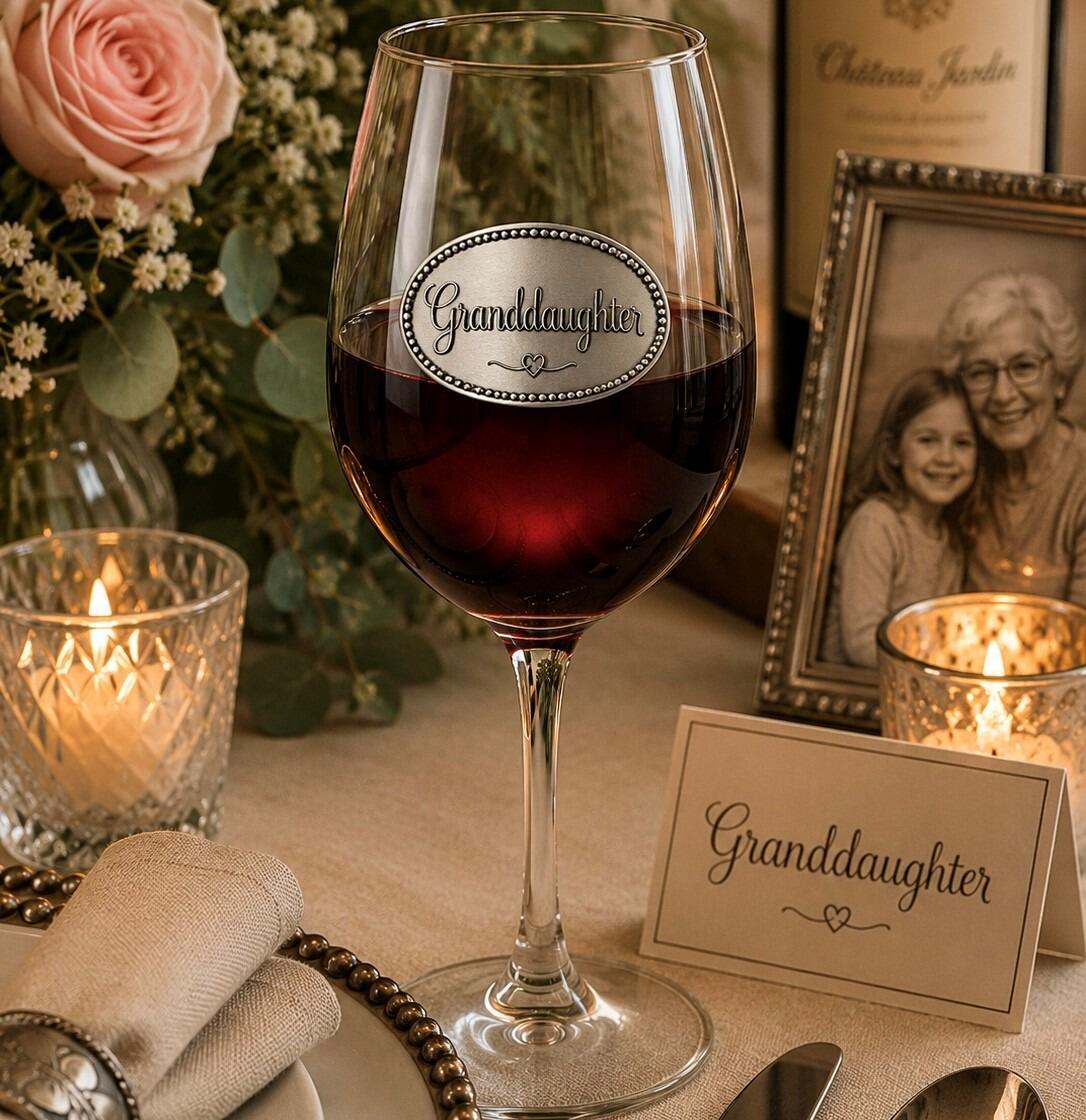 Wine glass with handcrafted pewter Granddaughter badge filled with red wine