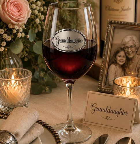 Wine glass with handcrafted pewter Granddaughter badge filled with red wine