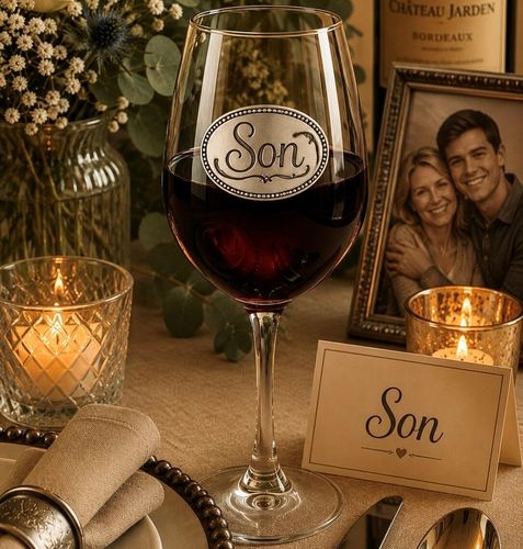 Wine glass with handmade pewter son badge filled with red wine