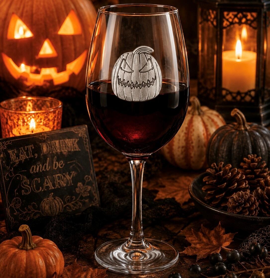 Wine glass with handmade pewter pumpkin badge filled with red wine