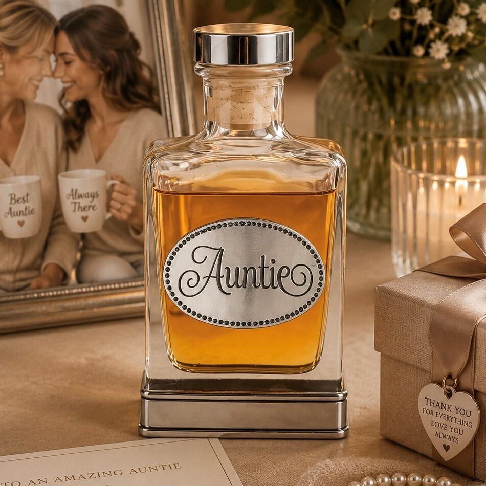 Handcrafted glass hip flask with pewter base featuring detailed auntie emblem on front
