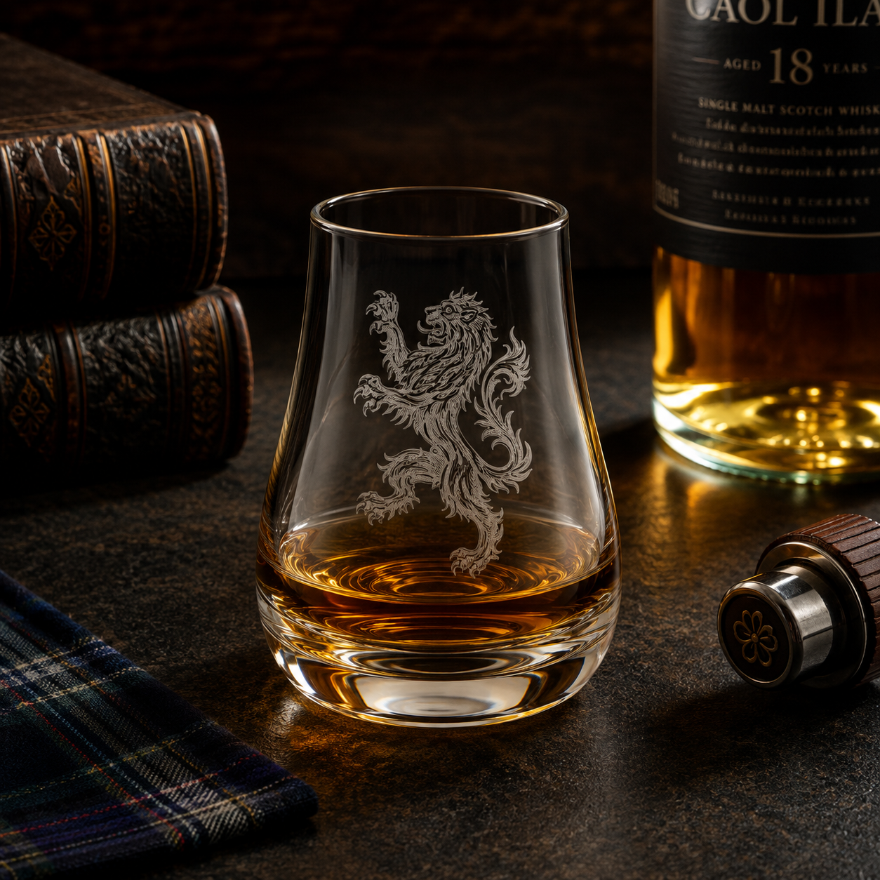 Rampant Lion engraved whisky tasting glass with Scotch whisky in a rustic Scottish setting