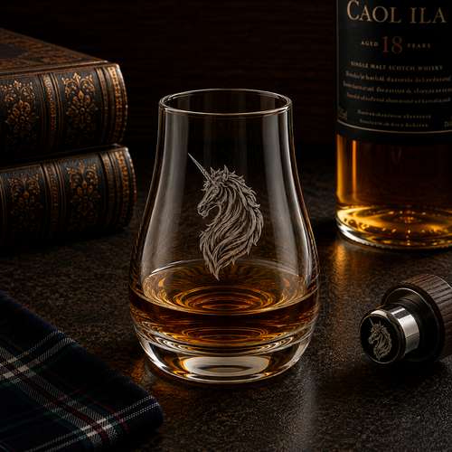 Unicorn engraved whisky tasting glass with Scotch whisky in a rustic distillery setting