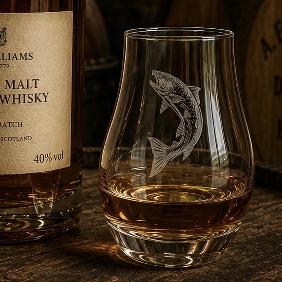 Leaping Salmon whisky taster glass with malt whisky bottle
