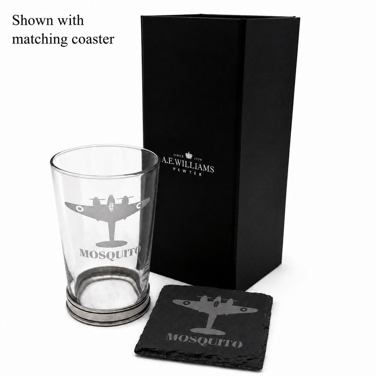 Mosquito engraved pint glass gift set shown with optional matching slate coaster
