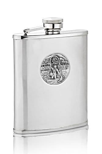 A Stainless Steel Hipflask with a Pewter motif on the front of a Fisherman