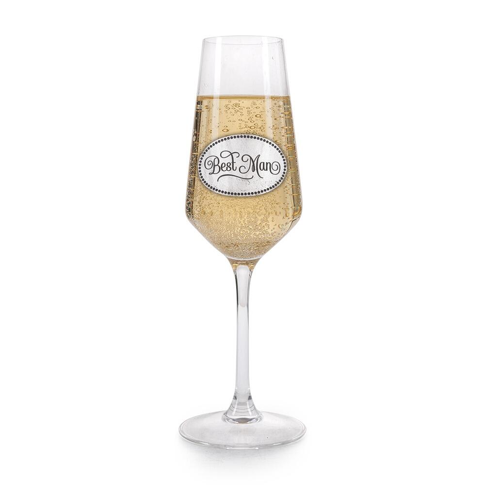 A Champagne Flute with a Pewter Best Man badge on the front, filled with Champagne