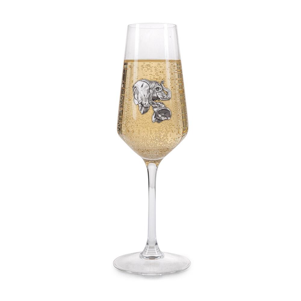 A Champagne Flute with a Pewter Elephant badge on the front, filled with Champagne