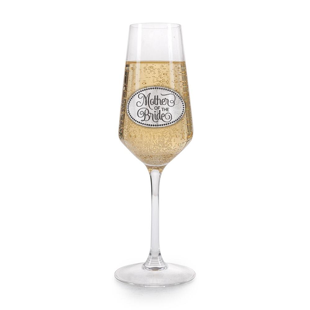 A Champagne Flute with a Pewter Mother of the Bride badge on the front, filled with Champagne
