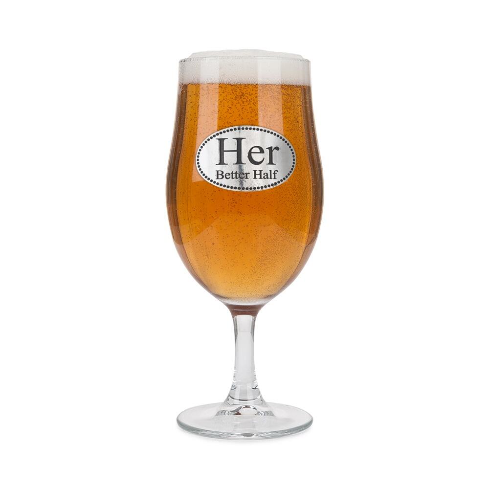 A Stemmed Pint Beer Glass with a Pewter Her Better Half badge on the front, filled with Beer