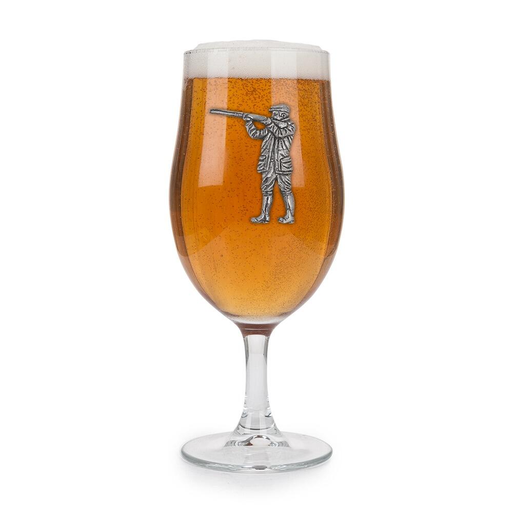 A Stemmed Pint Beer Glass with a Pewter Shooting Man badge on the front, filled with Beer