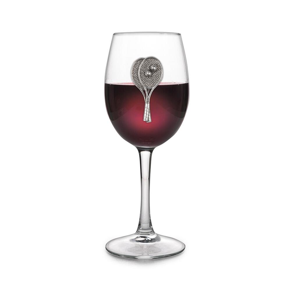 Wine glass with handmade pewter tennis badge filled with red wine