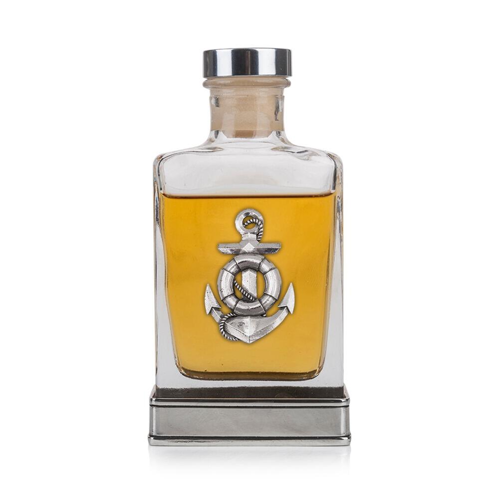 Handcrafted glass hip flask with pewter base featuring detailed anchor emblem on front