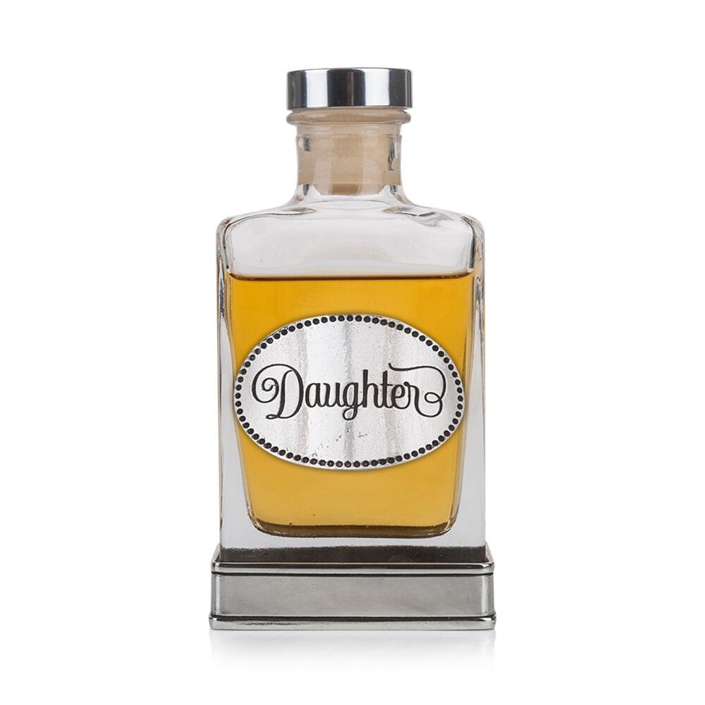 Handcrafted glass hip flask with pewter base featuring detailed daughter emblem on front