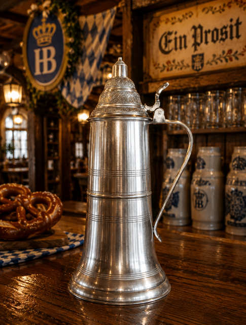 A tall, traditional Bavarian style pewter stein with a brushed metallic finish and a tapered body detailed with horizontal ribbed bands. It features an ornate, cone-shaped hinged lid decorated with intricate relief carvings and an upright thumbpiece on a slender handle