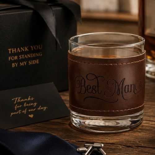 A lowball glass tumbler wrapped in a dark brown leather sleeve with prominent stitched borders and an engraved, elegant cursive script reading "Best Man"
