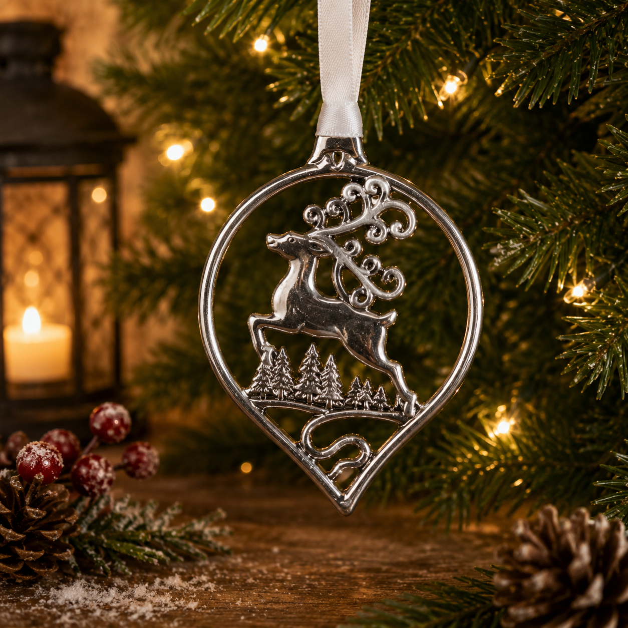 Handcrafted pewter reindeer Christmas ornament featuring a leaping reindeer above a winter forest scene, hanging on a festive Christmas tree with warm holiday lights and seasonal decorations.