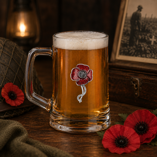 Handcrafted pewter Lest We Forget poppy beer tankard filled with golden ale, displayed in a remembrance-themed setting with red poppies, vintage military memorabilia and warm ambient lighting.