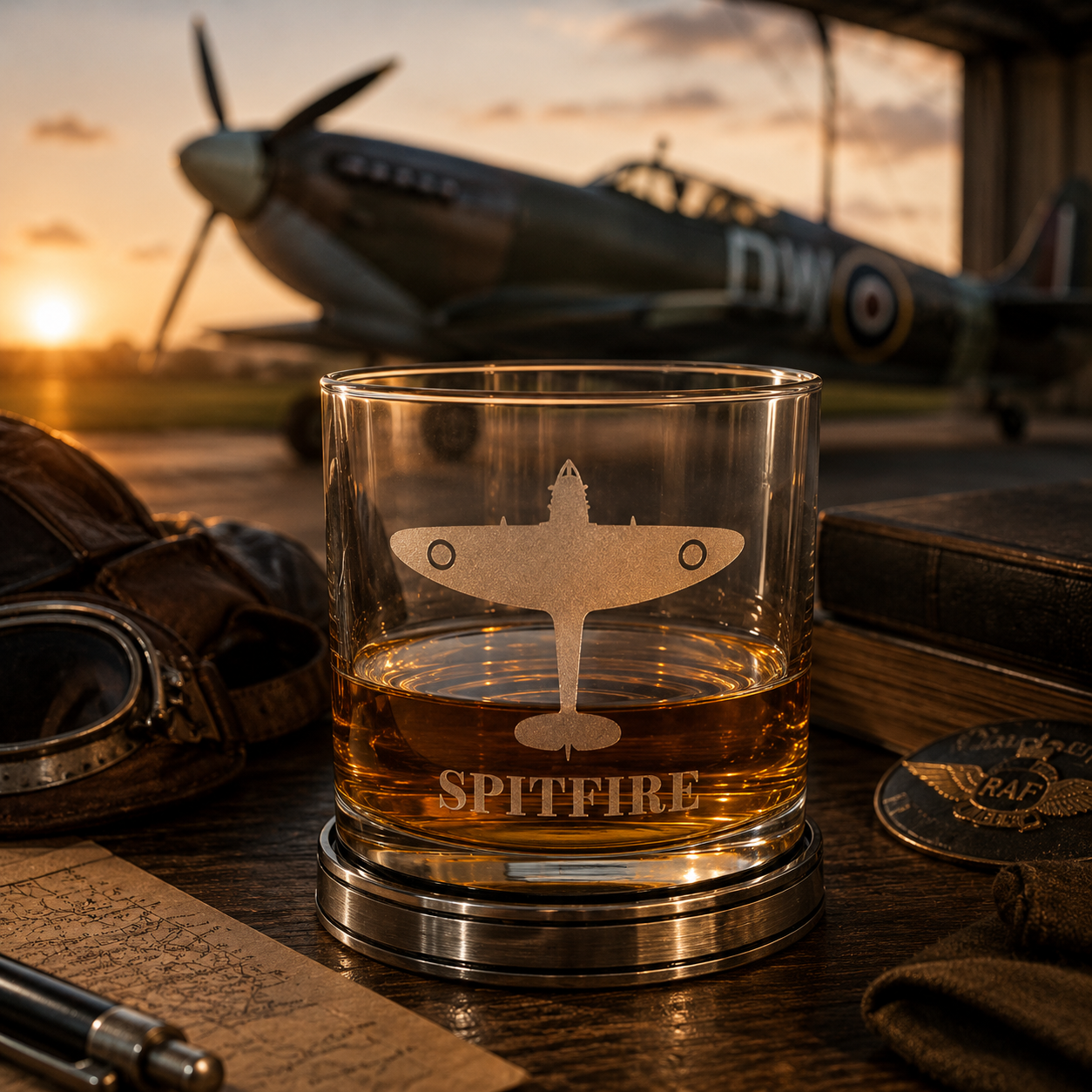 Spitfire whisky tumbler with pewter base and whisky, engraved RAF aircraft whisky glass in authentic aviation lifestyle setting, unique gift for pilots, aircraft enthusiasts and military history collectors