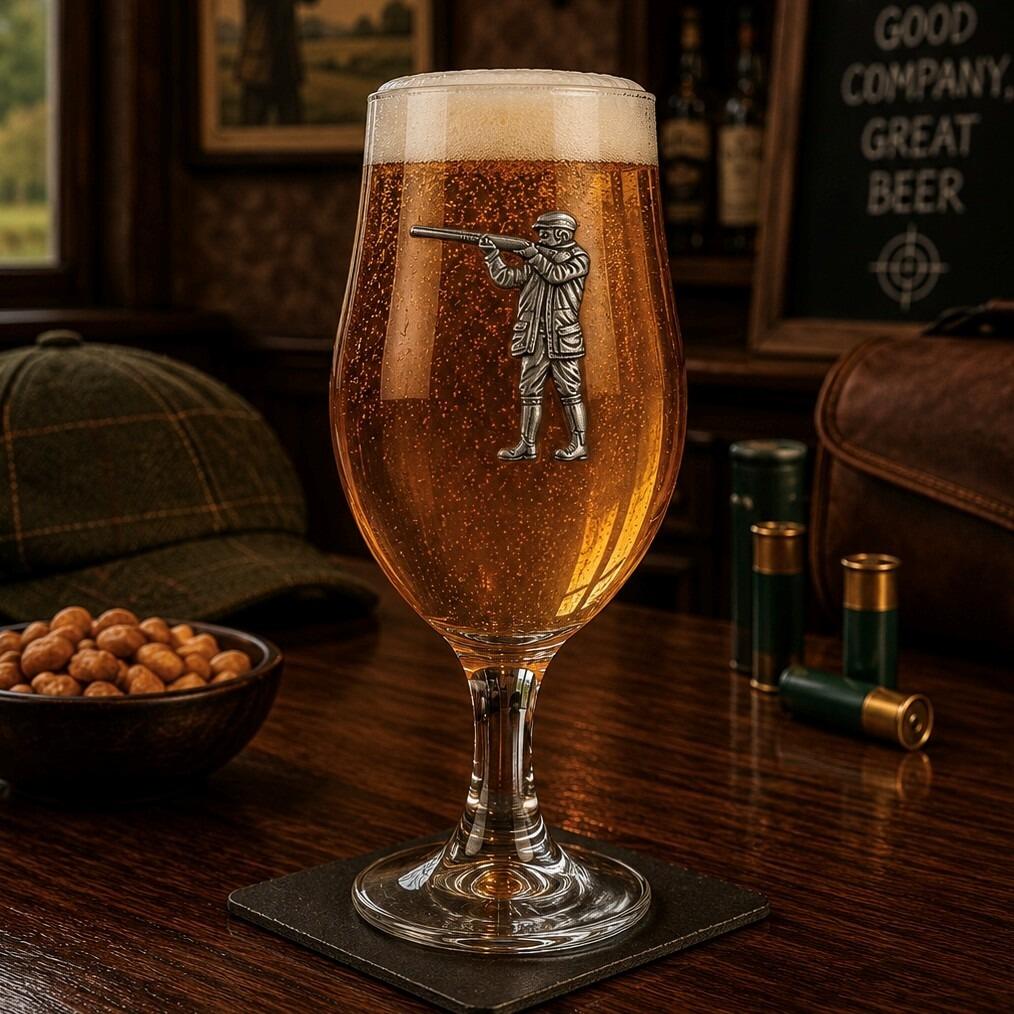 A stemmed beer chalice glass filled with golden ale and a frothy white head, featuring a raised pewter emblem of a shooter aiming a shotgun