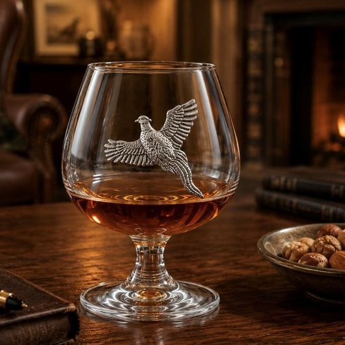 A short-stemmed clear glass brandy snifter filled with amber brandy, resting on a rustic wooden table. The front of the glass bowl is adorned with a detailed pewter relief emblem showing a pheasant in mid-flight with its wings outspread