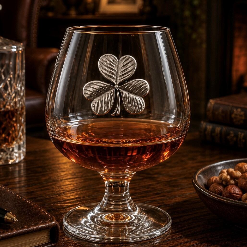 A short-stemmed clear glass brandy snifter filled with amber brandy, resting on a rustic wooden table. The front of the glass bowl is adorned with a detailed pewter relief emblem showing a traditional Irish shamrock with three distinctly veined, heart-shaped leaves and a short stem