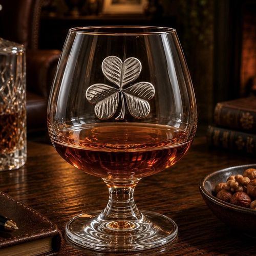 A short-stemmed clear glass brandy snifter filled with amber brandy, resting on a rustic wooden table. The front of the glass bowl is adorned with a detailed pewter relief emblem showing a traditional Irish shamrock with three distinctly veined, heart-shaped leaves and a short stem