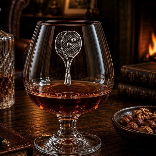 Crystal brandy glass with pewter tennis rackets emblem, partially filled with amber liquid