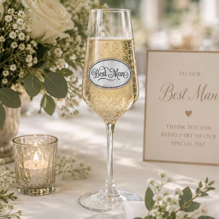 A clear champagne flute glass filled with bubbling champagne, featuring an oval pewter emblem engraved with 'Best Man' in elegant script lettering