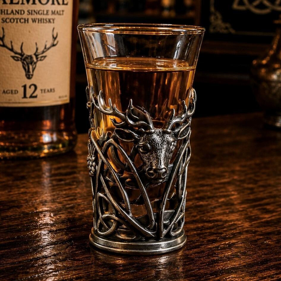 A tall glass shot glass filled with amber-colored liquor, sitting on a dark wooden bar counter. The lower half of the glass is encased in an intricate pewter metal holder featuring an openwork Celtic knot and foliage design. A highly detailed, relief-sculpted head of a Highland stag with large, prominent antlers is centred on the front of the metal holder
