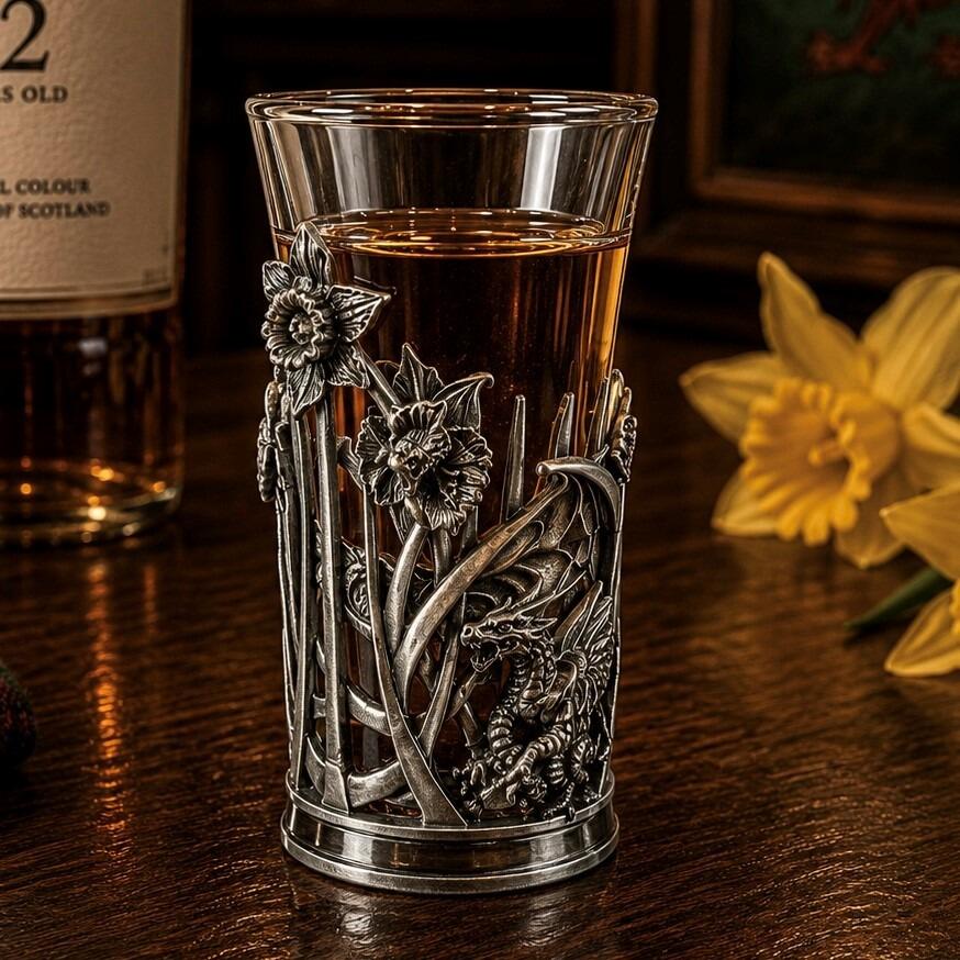 A tall glass shot glass filled with amber-colored liquor, sitting on a dark wooden bar counter. The lower half of the glass is encased in a detailed pewter metal holder featuring an intricate Welsh design. The design includes textured, relief-sculpted daffodil flowers on tall stems on the left, next to a detailed mythical Welsh dragon nestled on the lower right with textured scales and wings