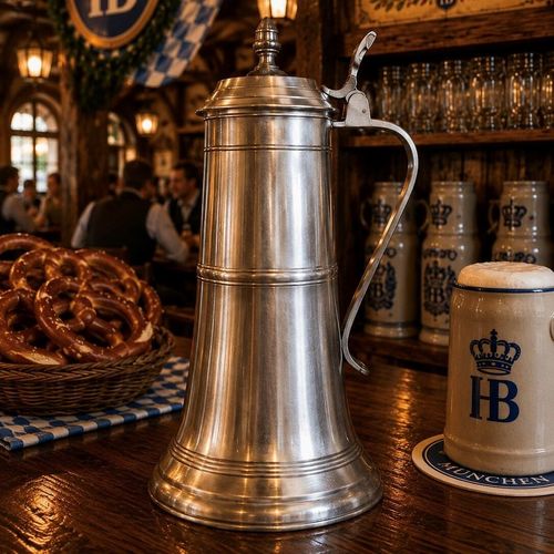 A tall, traditional Bavarian style pewter stein with a smooth, brushed metallic finish and a tapered body accented by subtle horizontal bands. It features a tiered flat lid topped with a small decorative finial and an upright thumb piece mechanism on its slender handle