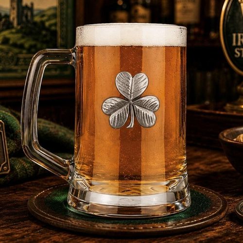 A Beer Tankard with a Pewter Shamrock badge on the front, filled with Amber Beer