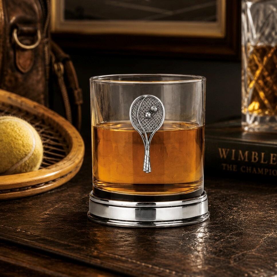 Whisky tumbler with pewter tennis motif and polished base, partially filled with amber liquid