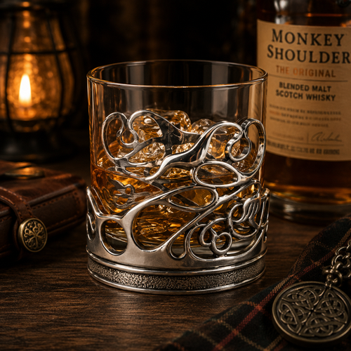 A lowball glass whisky tumbler filled with amber spirits and ice cubes, nestled in an intricate, polished pewter holder. The holder features a highly decorative, openwork Art Nouveau or Archibald Knox-style design composed of fluid, asymmetrical whiplash curves, elegant geometric cutouts, and swirling organic lines rising from a solid, textured circular base