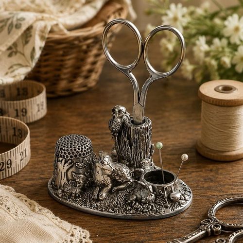 Vintage-style pewter woodland scene sewing station featuring an owl perched on a tree stump scissor holder, a deer figurine, a detailed thimble stand, and a small round pincushion