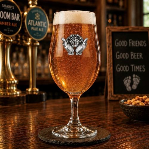 Stemmed beer glass featuring a detailed pewter motif of hands cradling baby feet
