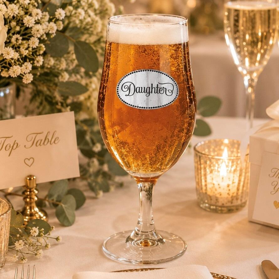 A Stemmed Pint Beer Glass with a Pewter Daughter badge on the front, filled with Beer