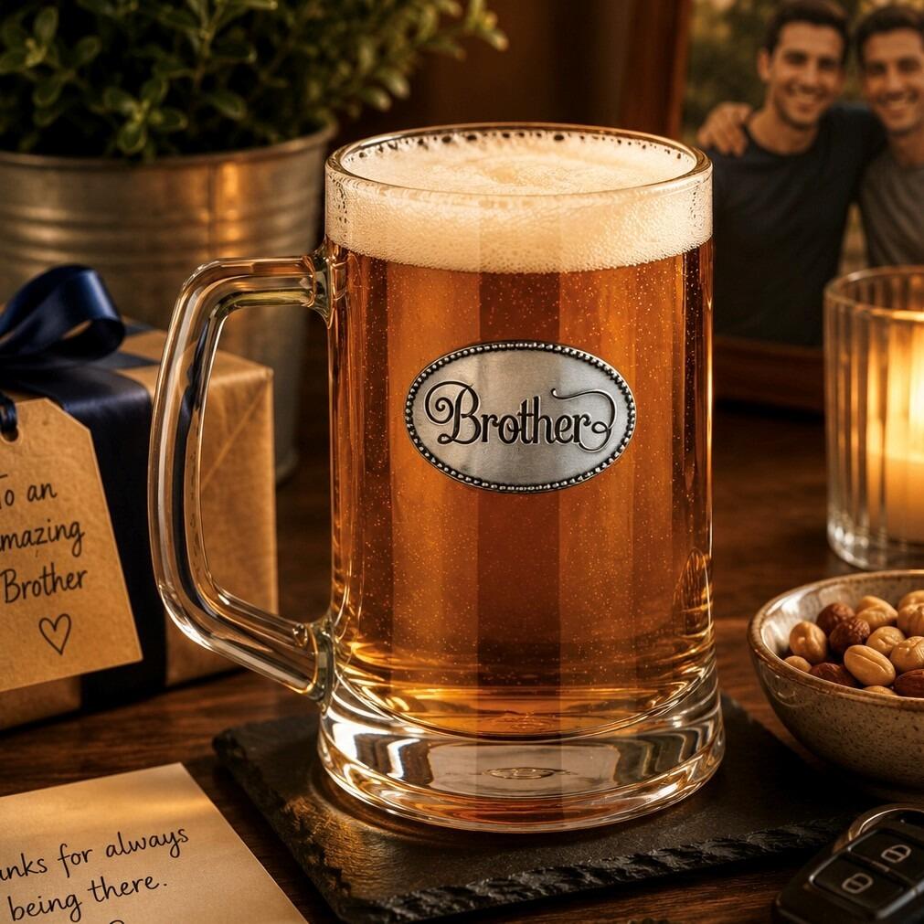 A Beer Tankard with a Pewter Brother badge on the front, filled with Amber Beer