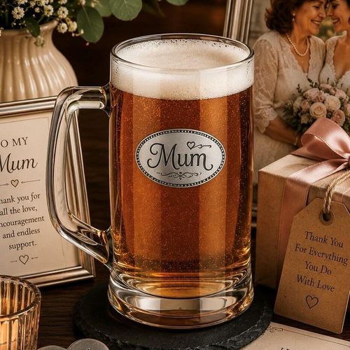 A Beer Tankard with a Pewter Mum badge on the front, filled with Amber Beer