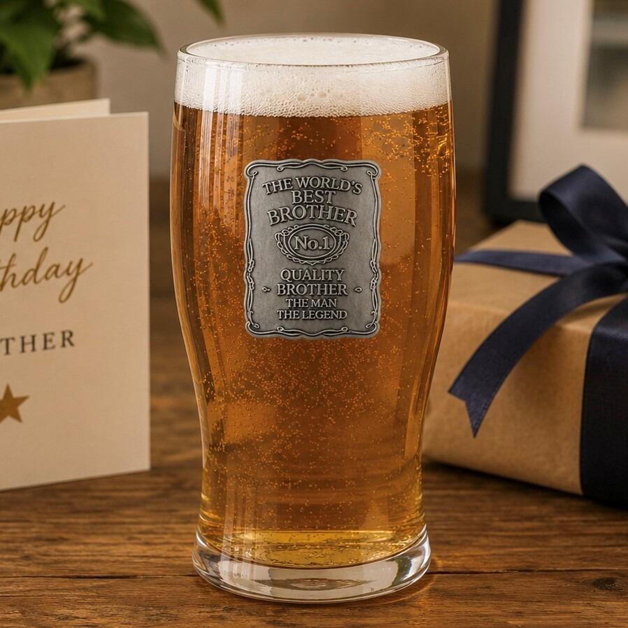 One-pint filled with lager, featuring a detailed pewter plaque that reads 'The World's Best Brother, No.1 Quality Brother, The Man The Legend', presented on a wooden table next to a gift box