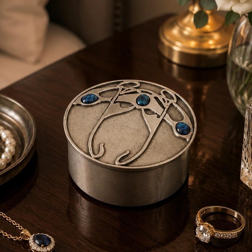 Antique Liberty and Co pewter trinket box with Celtic Art Nouveau design and three blue stones
