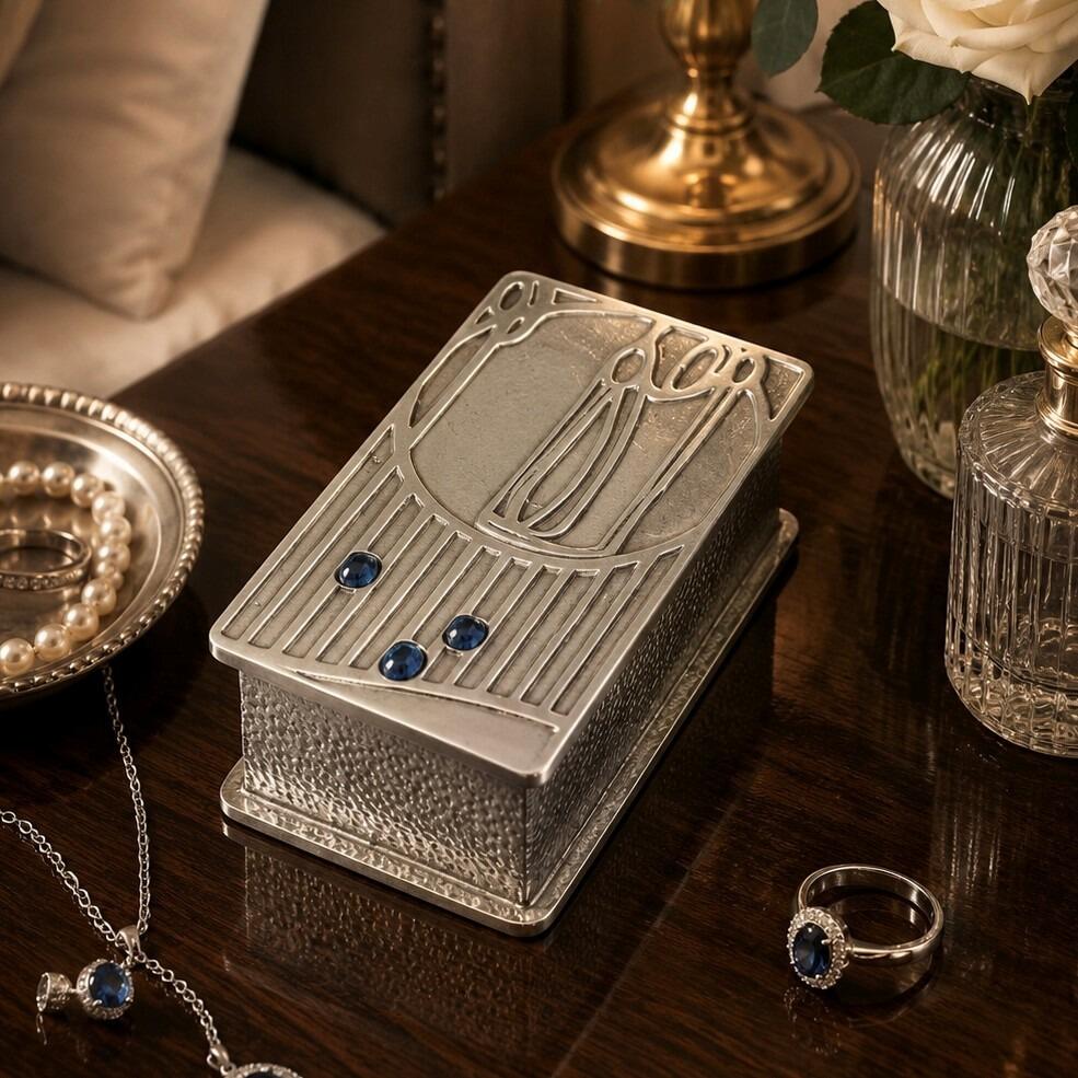 Oblong antique pewter trinket box with Charles Rennie Mackintosh style Art Nouveau design and three blue stones
