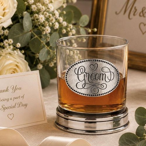 Whisky tumbler with pewter 'Groom' badge and polished base, partially filled with amber liquid