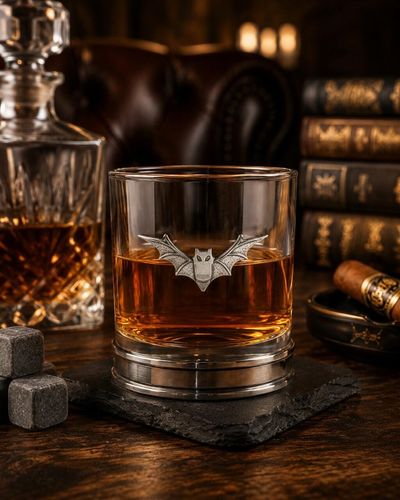 A Whisky Tumbler with a Pewter Bat badge on the front