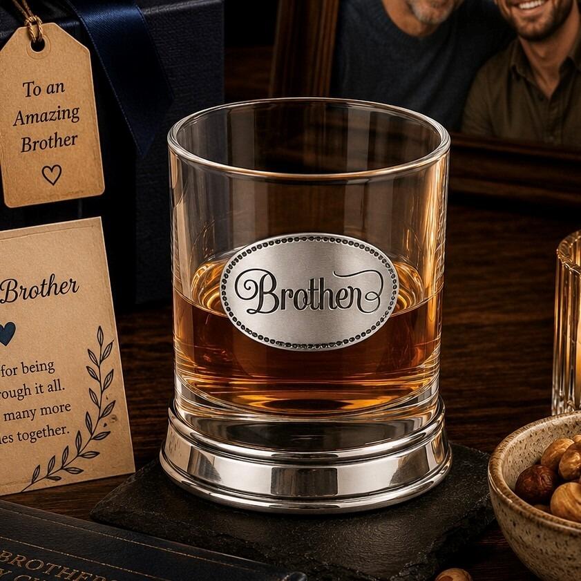 Whisky tumbler with pewter 'Brother' badge and polished base, partially filled with amber liquid