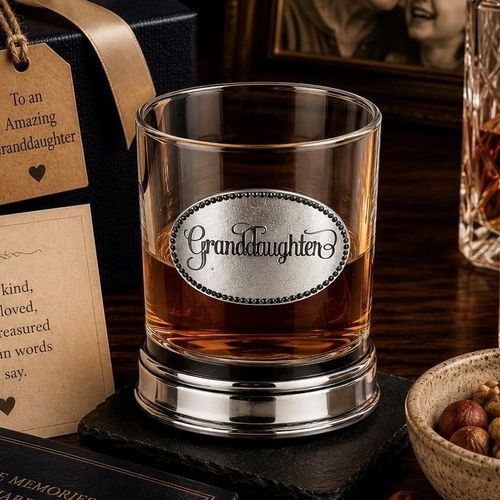 Whisky tumbler with pewter 'Granddaughter' badge and polished base, partially filled with amber liquid