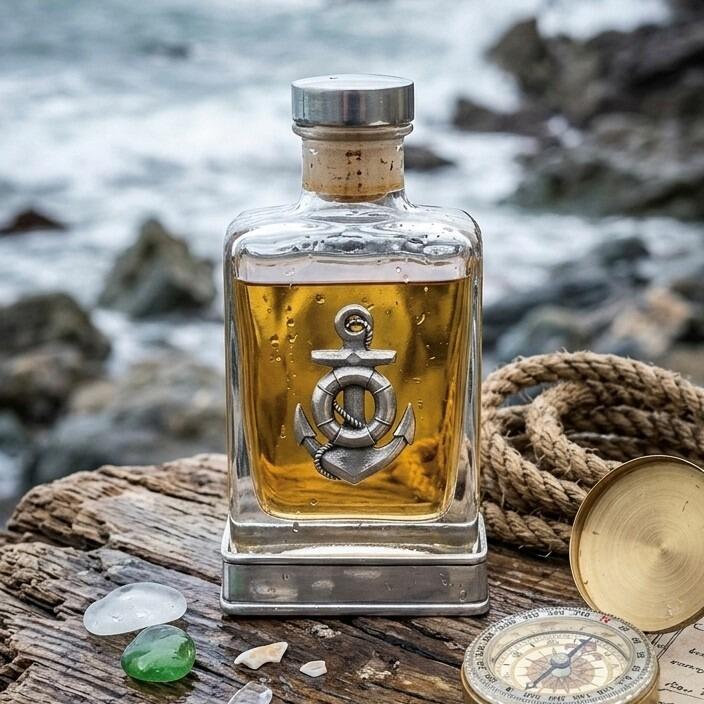 Handcrafted glass hip flask with pewter base featuring detailed anchor emblem on front