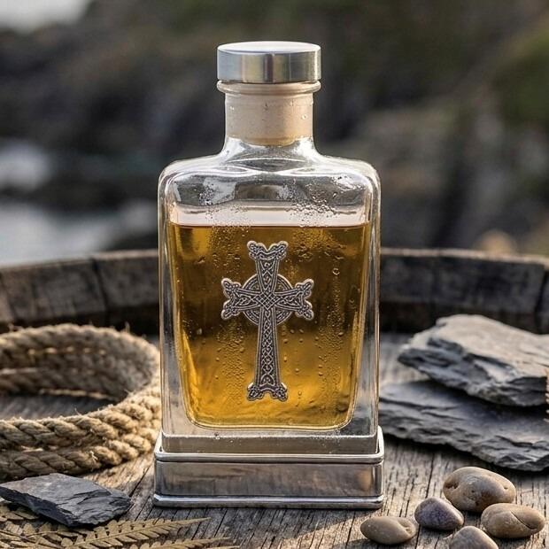 Handcrafted glass hip flask with pewter base featuring detailed cross emblem on front