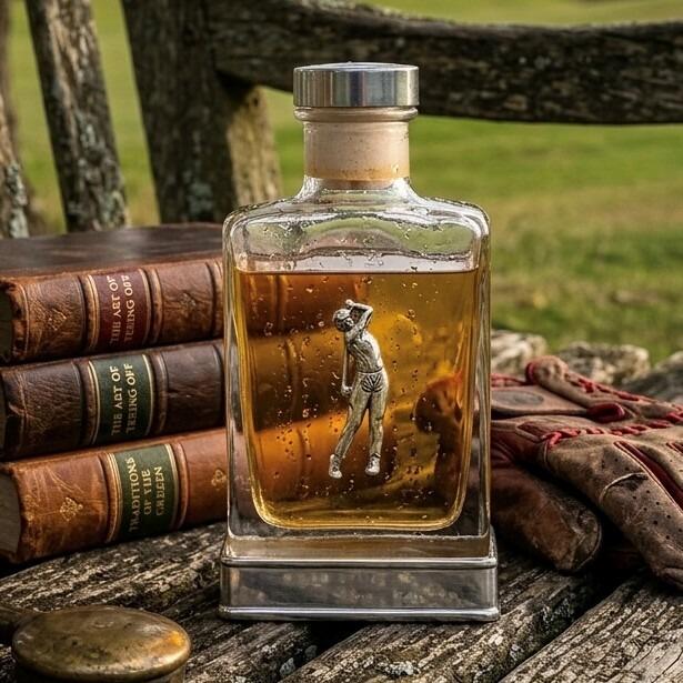 Handcrafted glass hip flask with pewter base featuring detailed golfer emblem on front